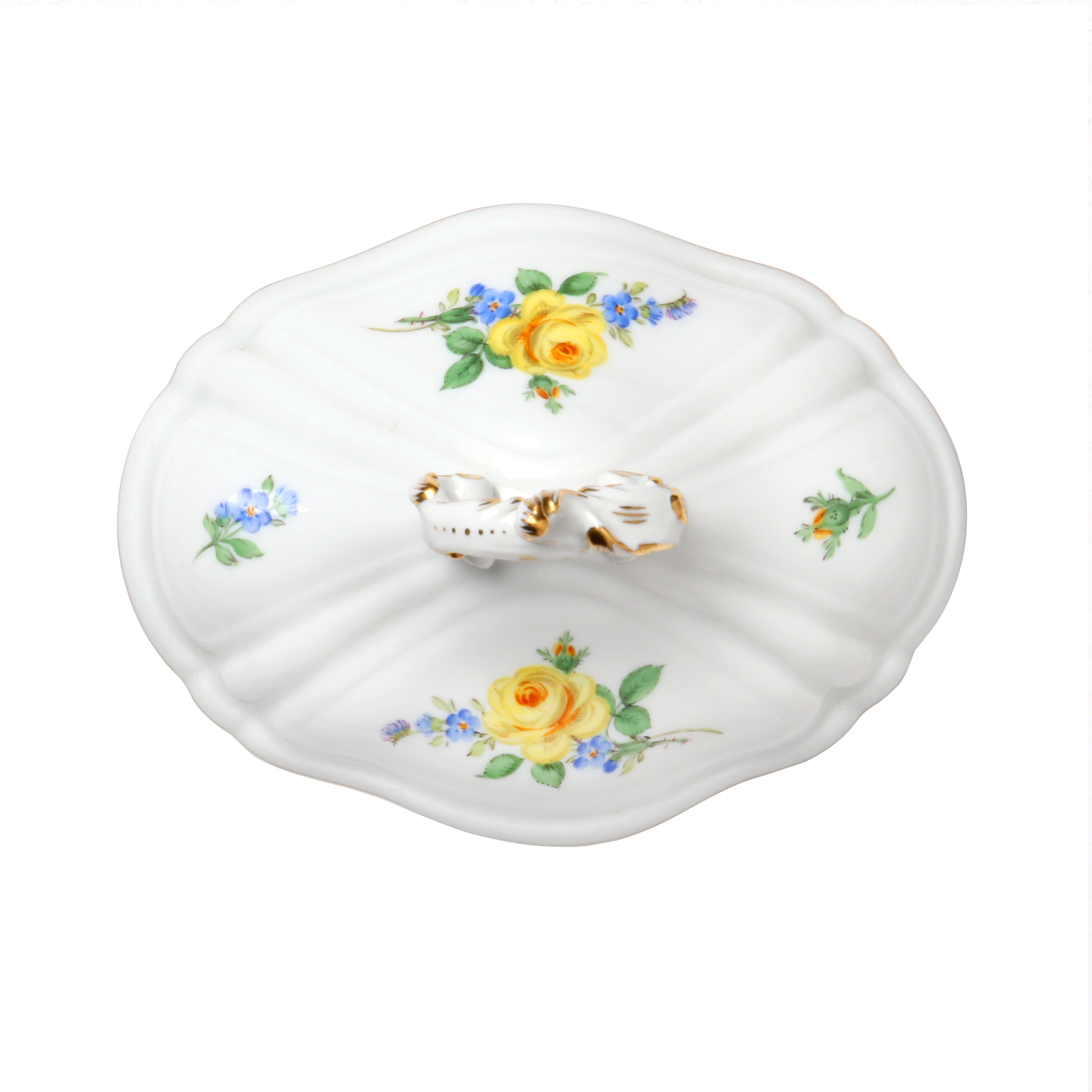 Tureen, Yellow rose and forget-me-nots, gold rim, 13 x 11cm