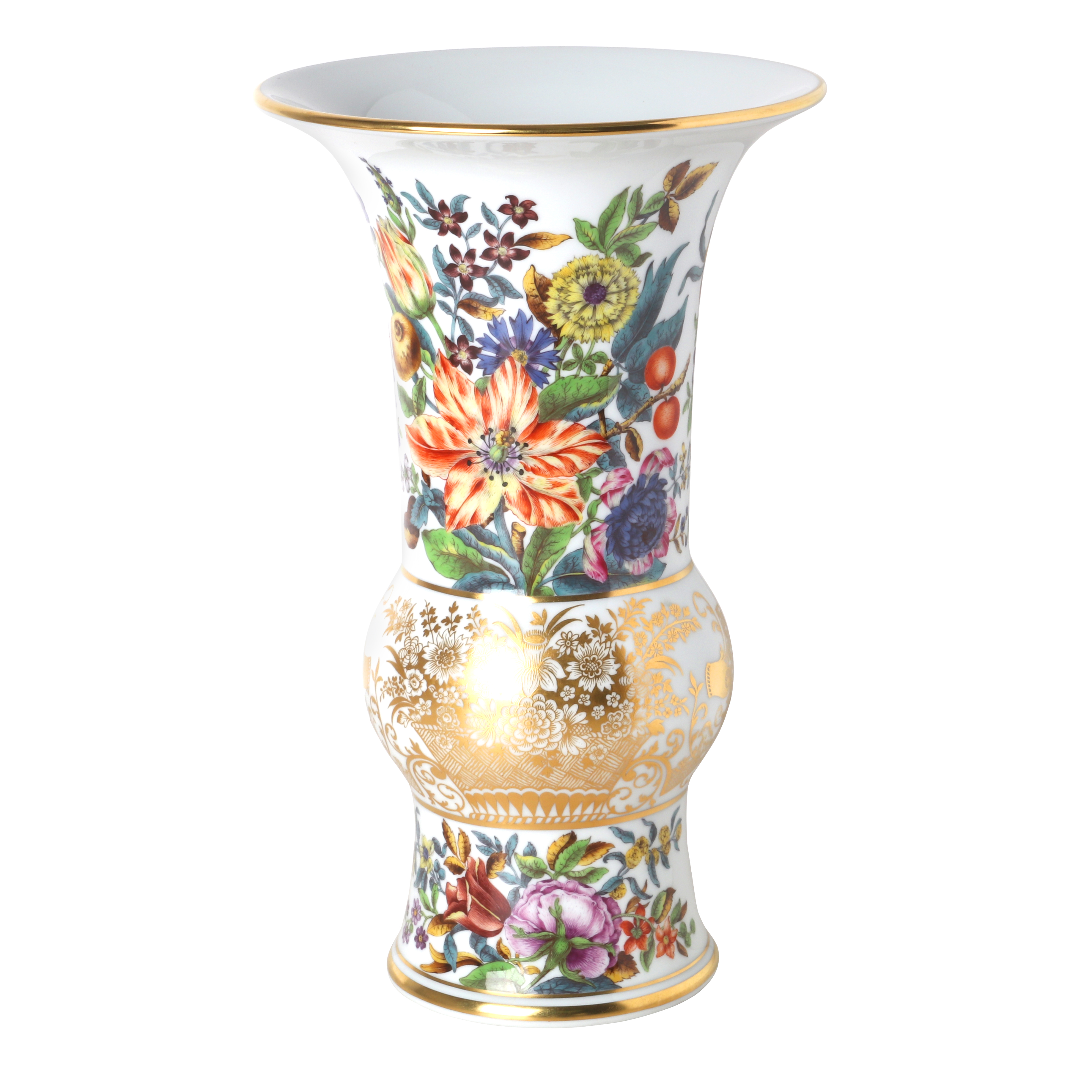 Vase, Fruits and flowers, after etchings, early style, gold decoration