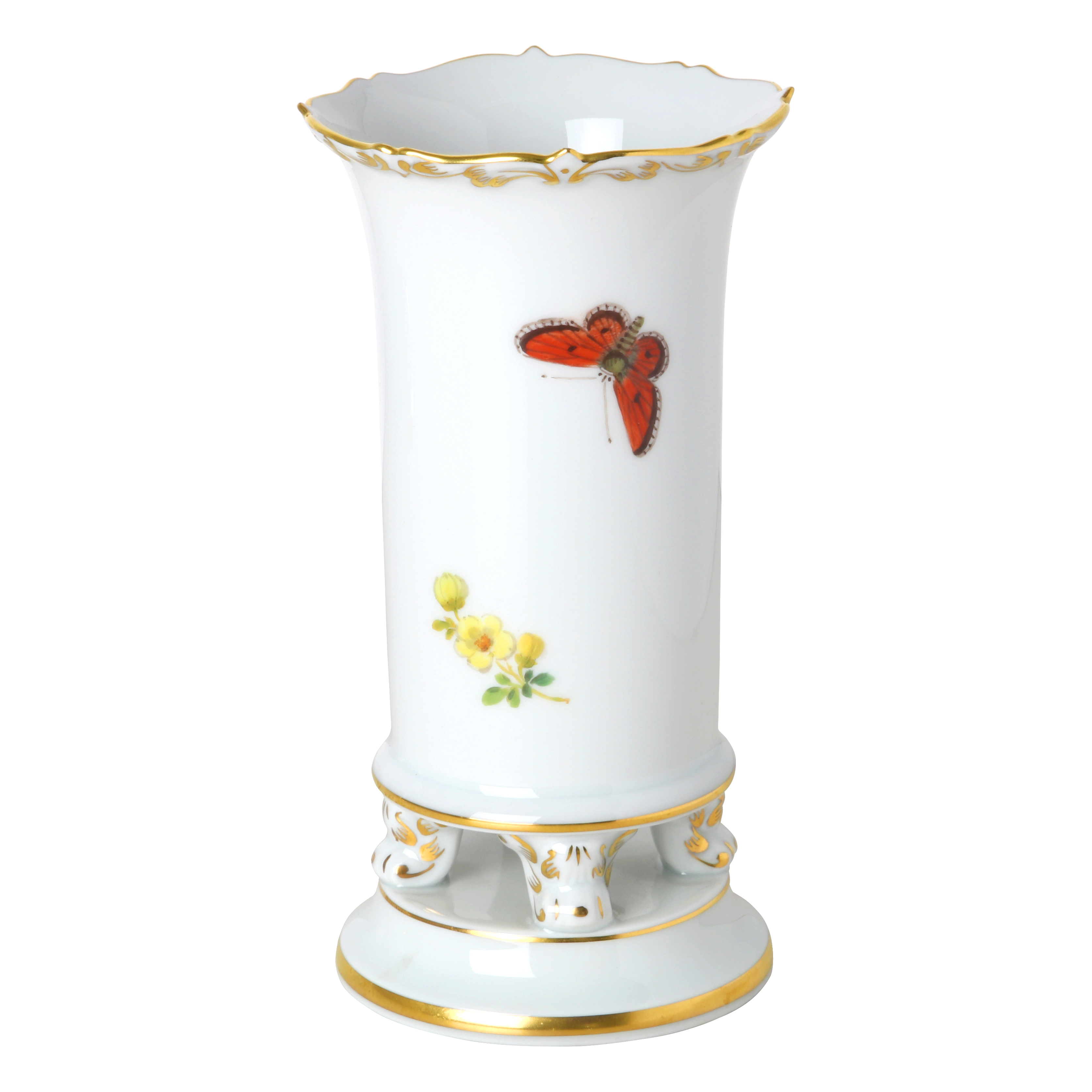 Vase, Shape "Neuer Ausschnitt", Naturalistic flowers, with butterfly, gold rim