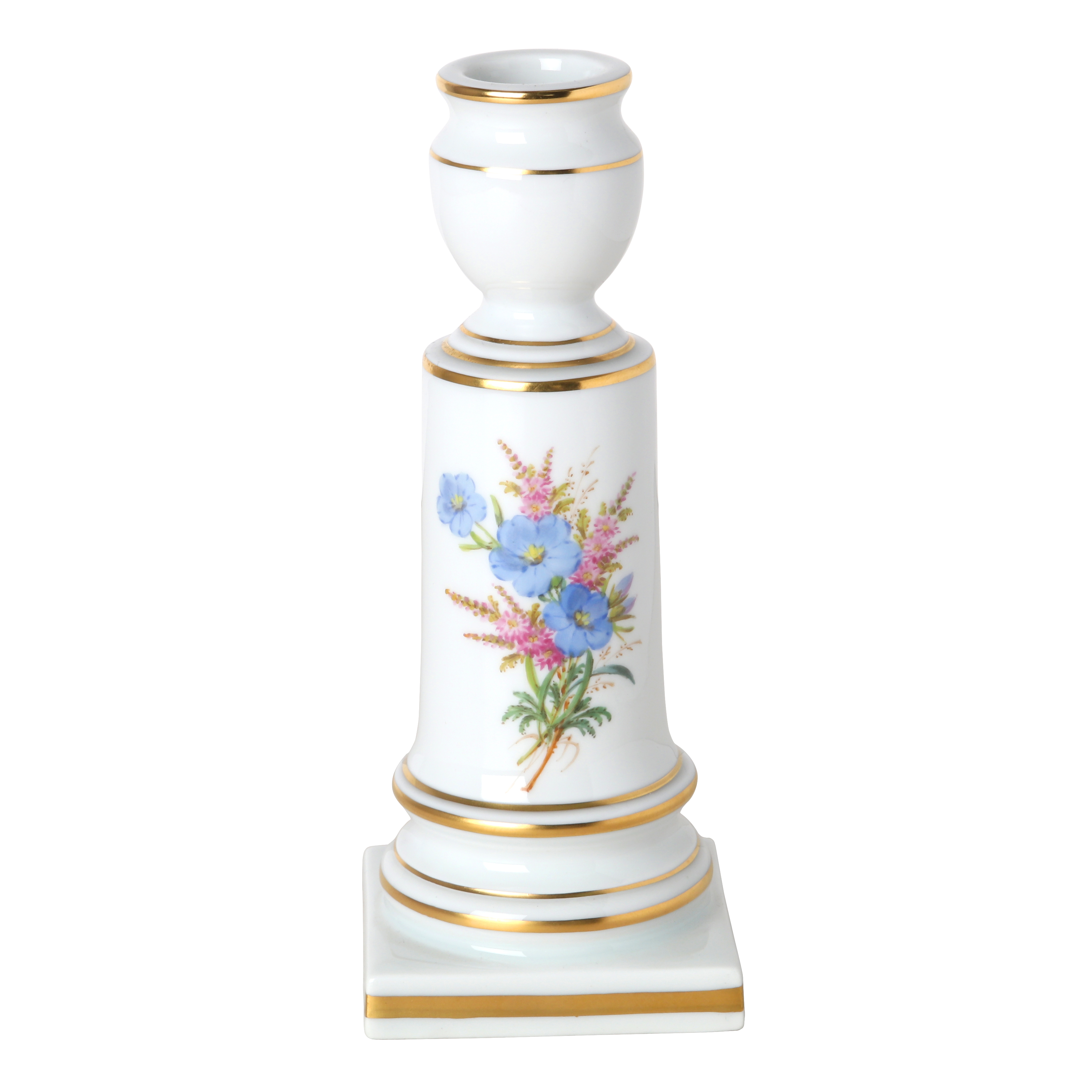 Candlestick, Shape "Neuer Ausschnitt", Naturalistic flowers, with butterfly, gold rim, H 14 cm