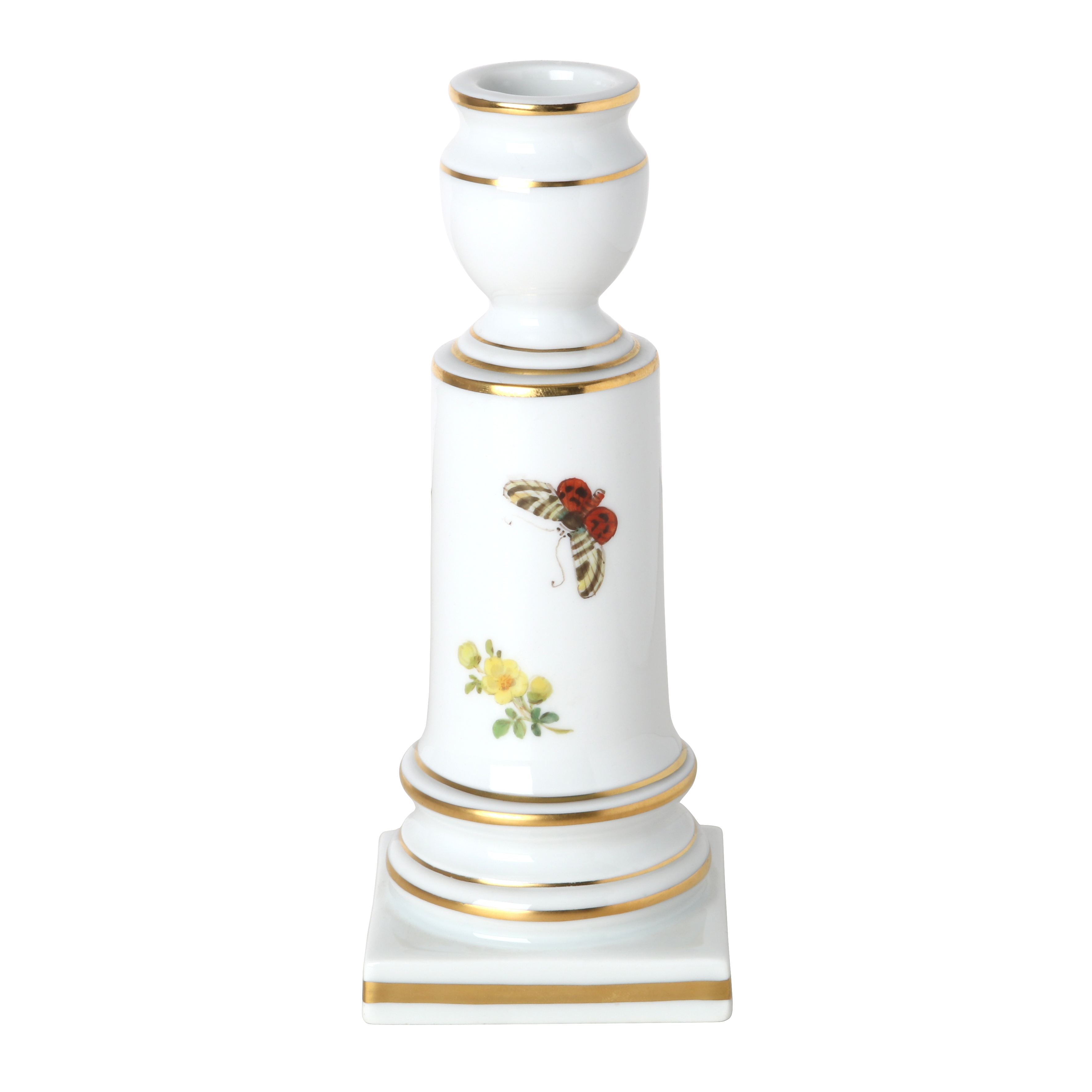 Candlestick, Shape "Neuer Ausschnitt", Naturalistic flowers, with butterfly, gold rim, H 14 cm