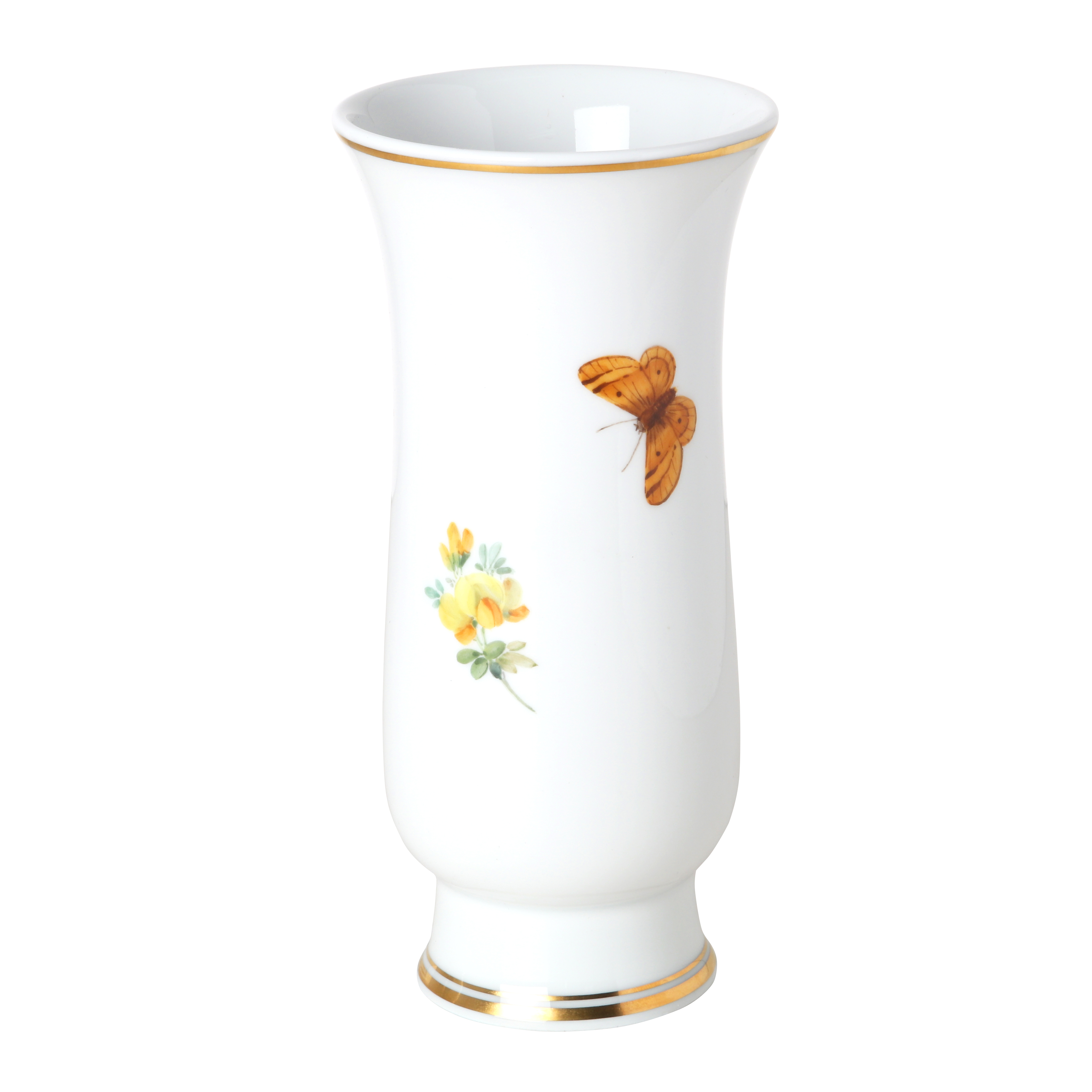 Vase, Naturalistic flowers, with butterfly, gold thread or band, H 14 cm