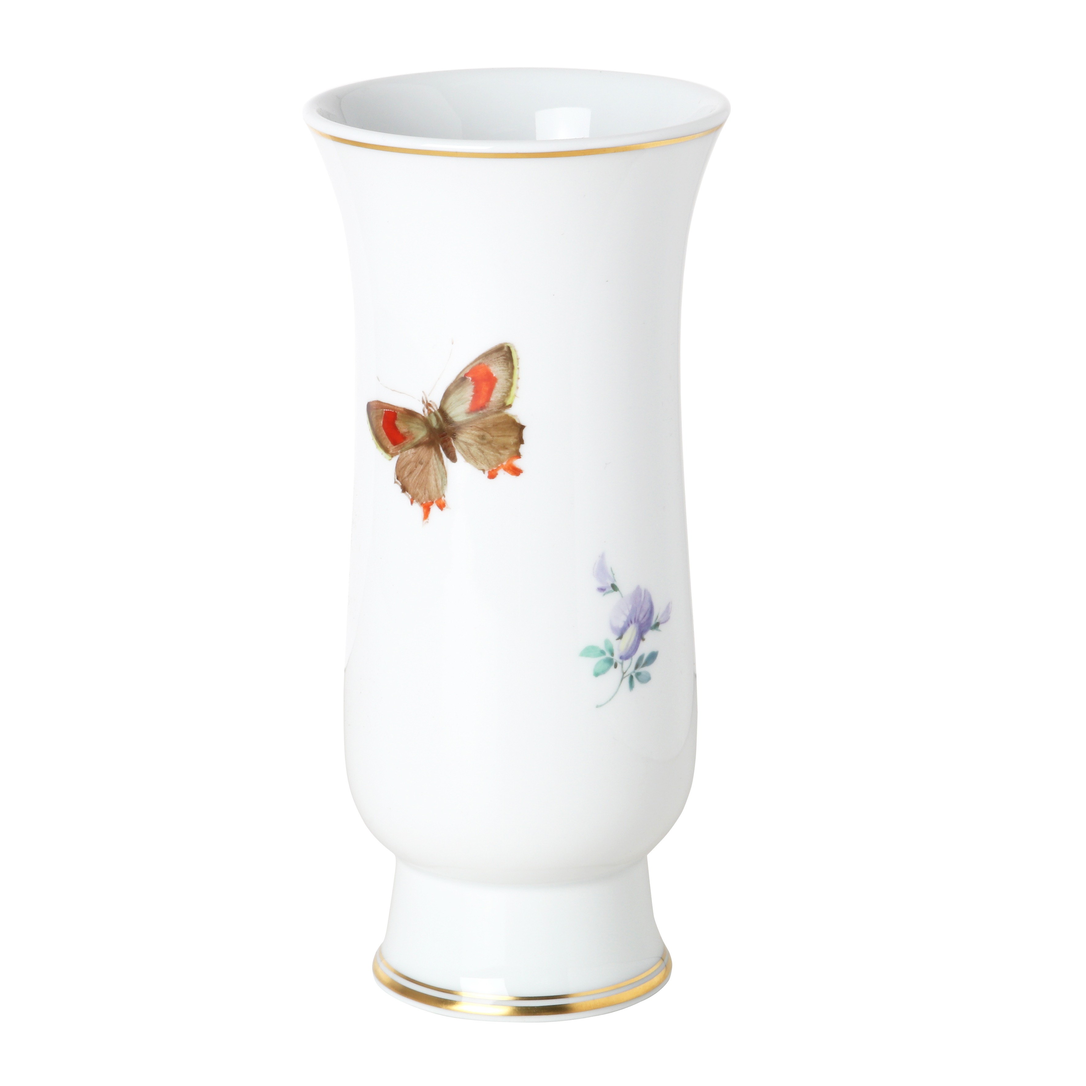 Vase, Naturalistic flowers, with butterfly, gold thread or band, H 17 cm