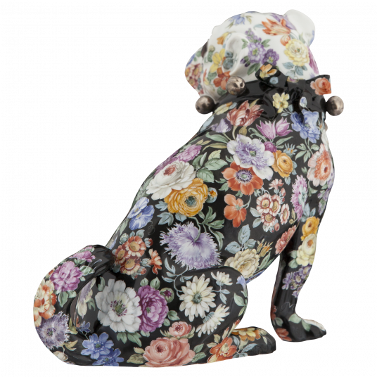 PUG WITH BELLS, FLORAL COMPOSITIONS, MEISSEN ATELIER, H 18 CM