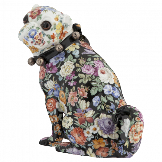 PUG WITH BELLS, FLORAL COMPOSITIONS, MEISSEN ATELIER, H 18 CM
