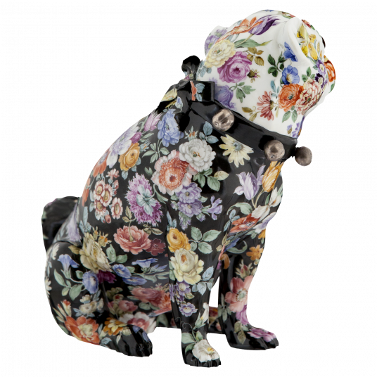 PUG WITH BELLS, FLORAL COMPOSITIONS, MEISSEN ATELIER, H 18 CM