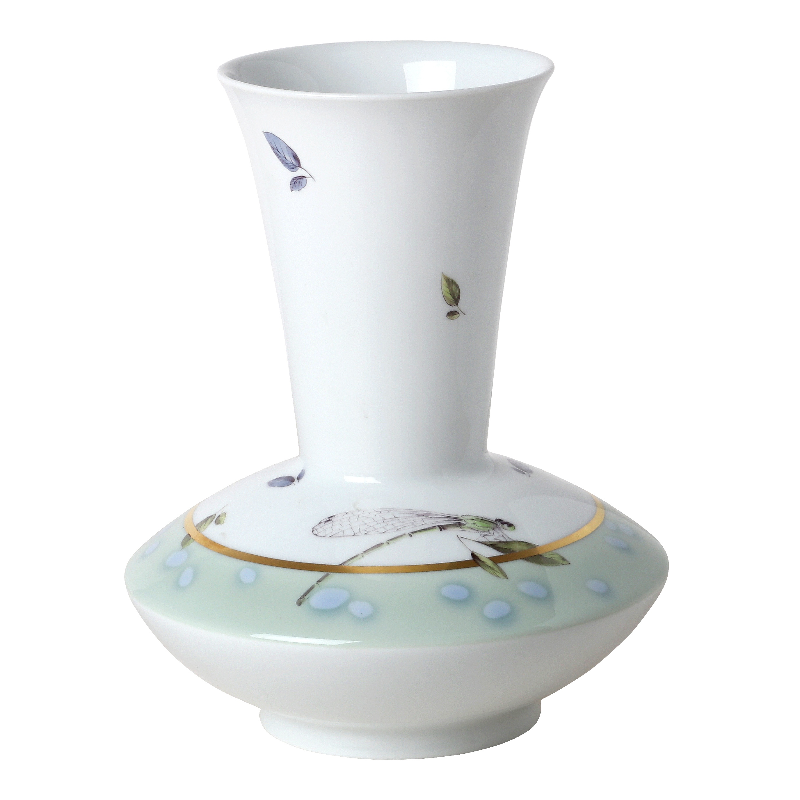 Vase, 'Blatt-tonisch', green, dragonflies, coloured, gold band,lim., num., H 21,5 cm