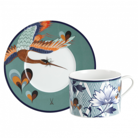 MEISSEN COLLAGE LOVE BIRDS COFFEE CUP WITH SAUCER