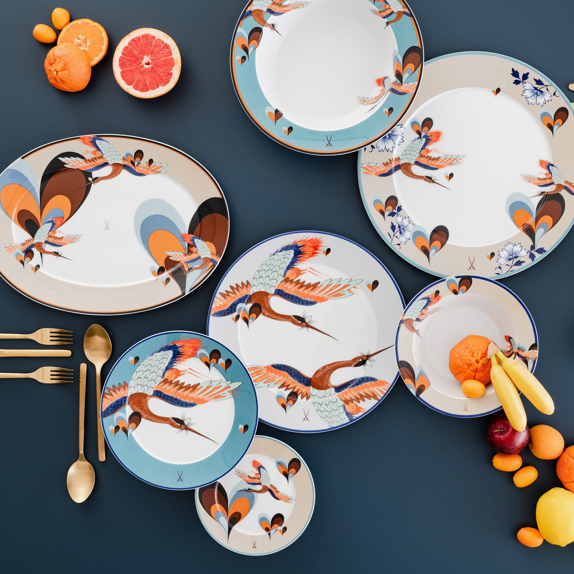 MEISSEN COLLAGE LOVE BIRDS COFFEE CUP SET