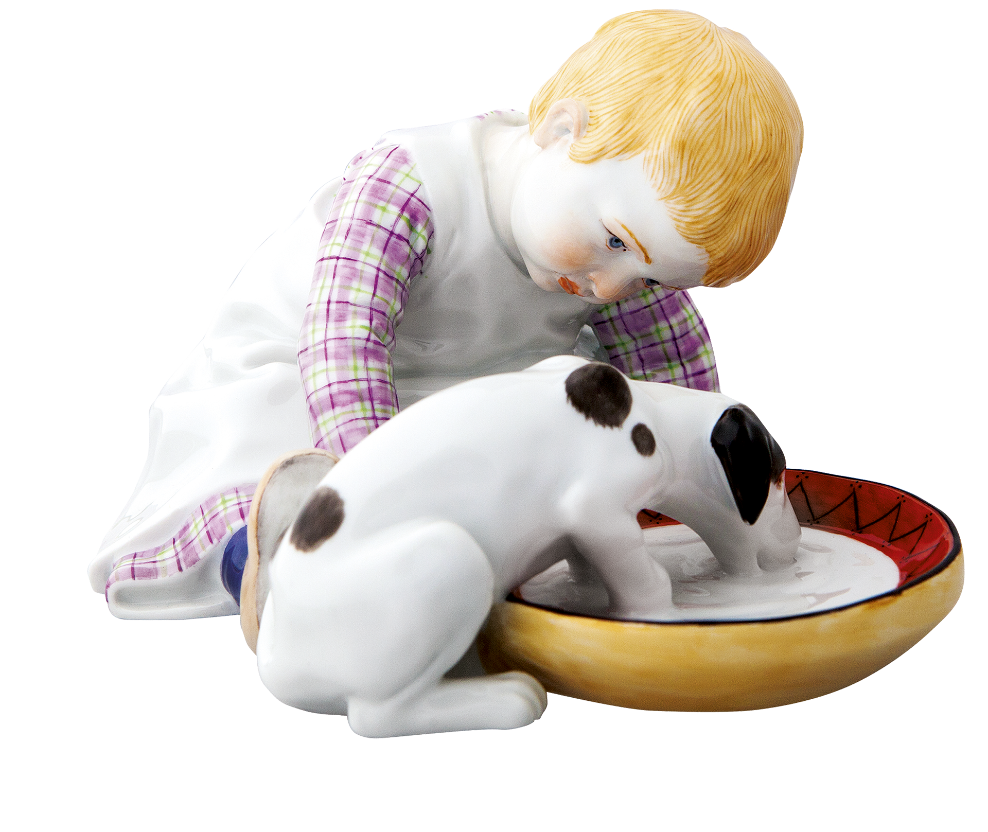 물마시는 강아지와 함께있는 아이 피규린